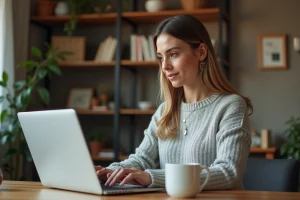 Femme connectée à son compte Wannonce sur un ordinateur portable dans un bureau à domicile moderne