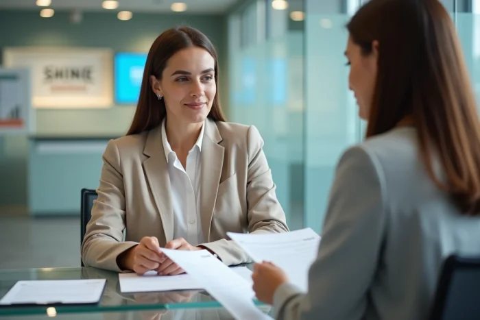 Femme en rendez-vous avec un conseiller financier pour discuter du remboursement d'un compte Cetelem suspendu