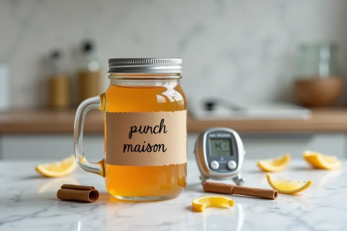 Bocal en verre de punch maison avec étiquette faite main et thermomètre de cuisine sur marbre blanc