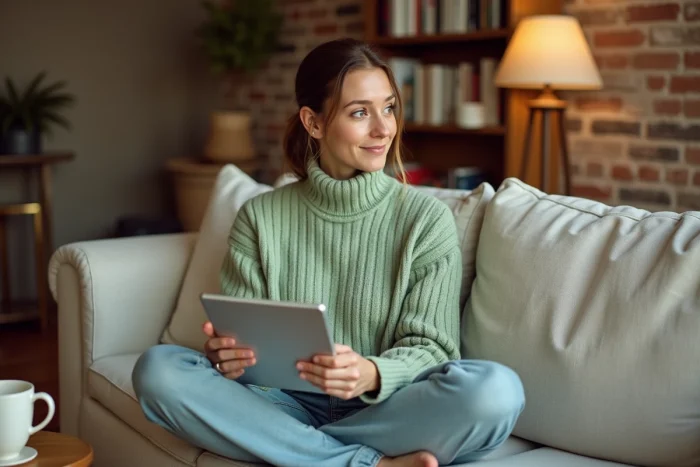 Jeune femme consultant la structure et les menus de navigation d'un site web sur une tablette depuis son salon