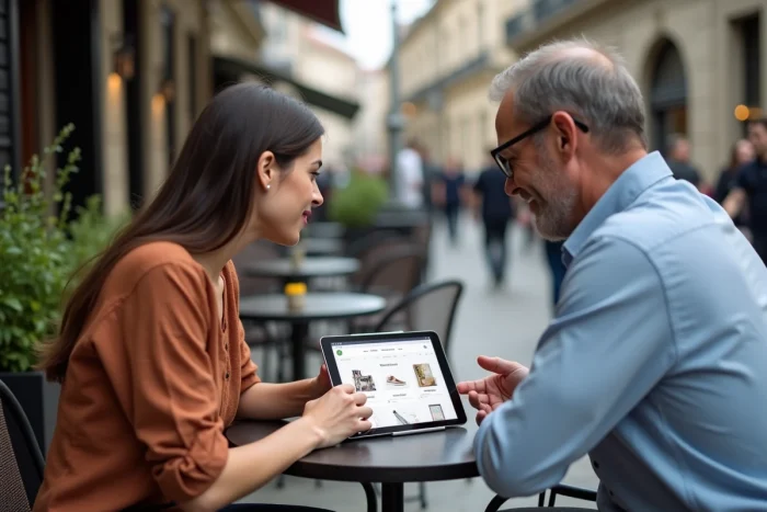 Deux professionnels consultant une maquette de site e-commerce personnalisé en terrasse urbaine