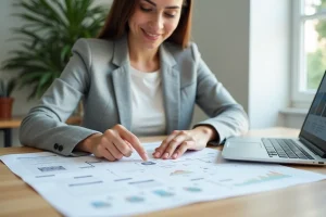 Femme consultant un plan de site web imprimé sur un bureau en bois dans un bureau moderne