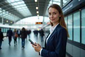 Femme consultant son téléphone au guichet d'information SNCF dans une gare moderne