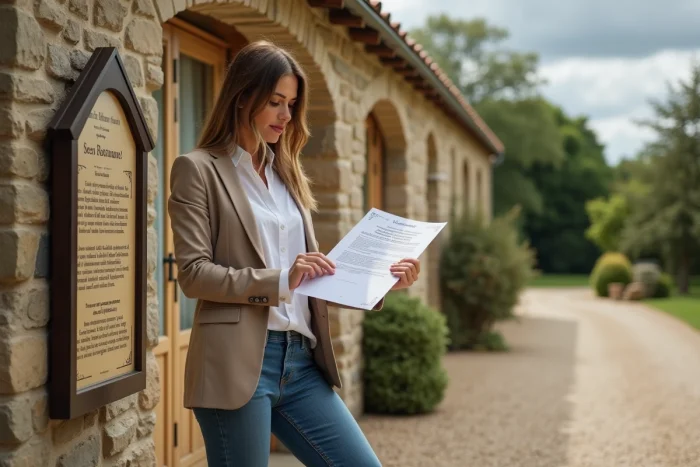 Femme vérifiant les contraintes réglementaires d'un lieu de mariage à l'entrée d'une ferme rustique