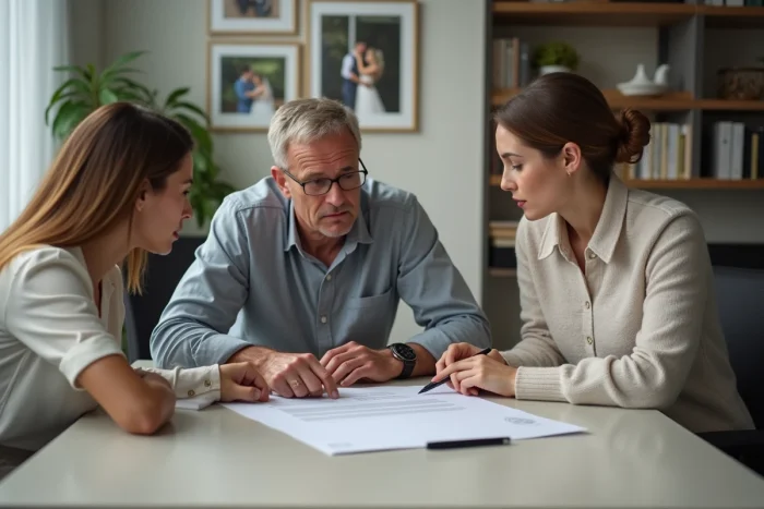 Couple signant un contrat écrit avec un prestataire de mariage dans un bureau professionnel