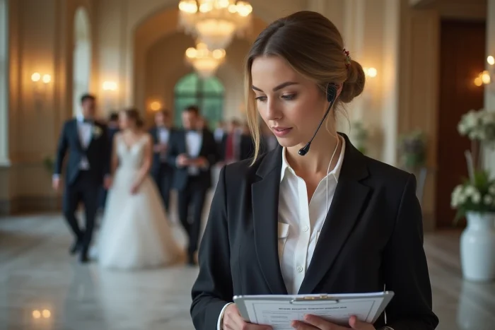 Coordinatrice de mariage gérant le jour J avec oreillette et planning dans un château