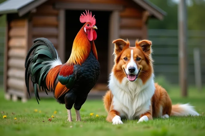 Coq imposant et chien border collie assis côte à côte devant un poulailler en bois, faisant office de gardiens naturels de l'enclos