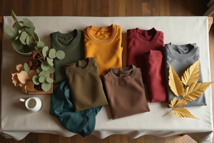Plat posé éditorial présentant des tissus et vêtements pliés dans les cinq couleurs tendance automne hiver 2025 : vert mousse, brun froid, rouge cerise, gris fumé et lemon grass