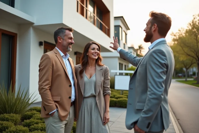 Couple discutant avec un agent immobilier devant une maison contemporaine à vendre, conseils achat immobilier 2024