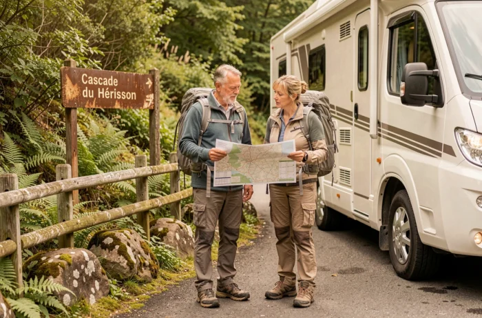 Couple de randonneurs consultant une carte devant leur camping-car garé au parking de la cascade du Hérisson