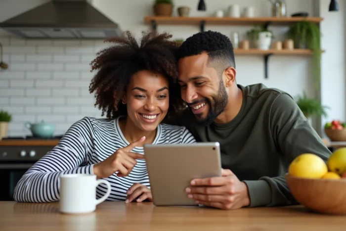 Couple choisissant un film à regarder en streaming sur une tablette dans une cuisine moderne et lumineuse