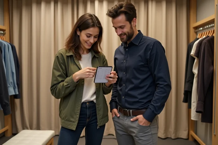 Couple comparant les tailles de vêtements en magasin avec un guide des tailles Zalando sur smartphone