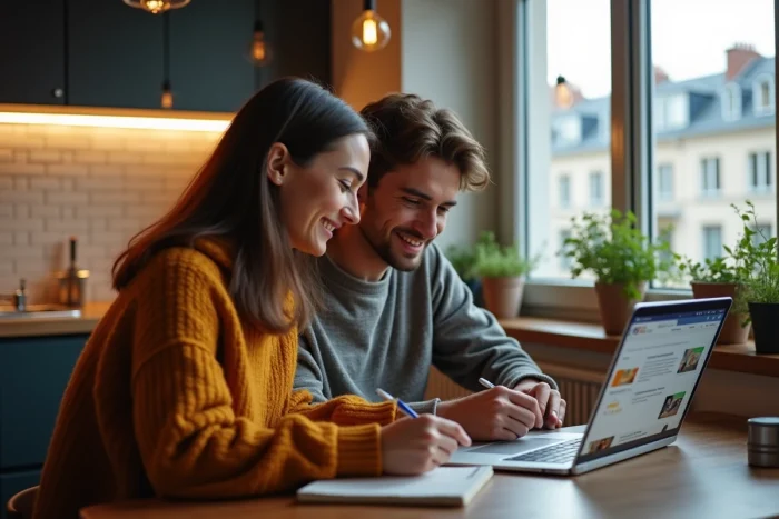 Couple consultant des avis en ligne sur les services de gestion locative avant de choisir leur agence immobilière