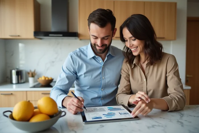 Couple planifiant un investissement immobilier ensemble sur une tablette dans une cuisine moderne