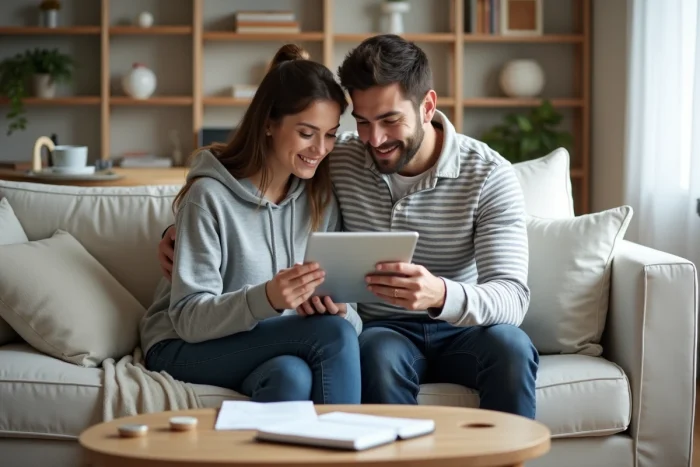 Couple planifiant ensemble leurs économies sur une tablette dans un salon scandinave