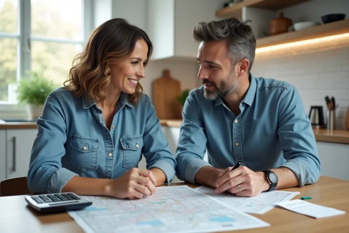 Couple planifiant un investissement immobilier ensemble autour d'une table avec documents financiers et carte de ville