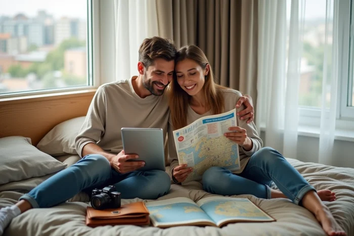Couple planifiant leur itinéraire touristique avec un guide de voyage et une carte numérique dans une chambre d'hôtel