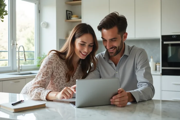 Couple planifiant leur mariage en consultant un site web sur une tablette dans une cuisine moderne
