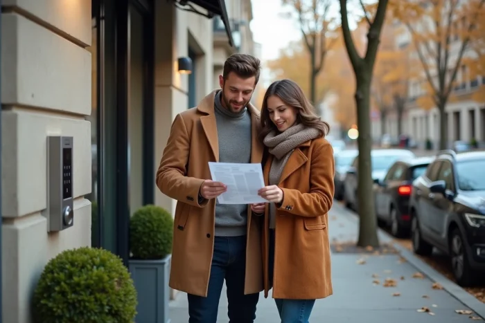 Couple consultant une annonce de location devant la façade d'un immeuble résidentiel en ville
