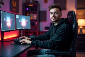 Jeune créateur de contenu français assis devant son bureau gaming avec double écran dans un studio aménagé