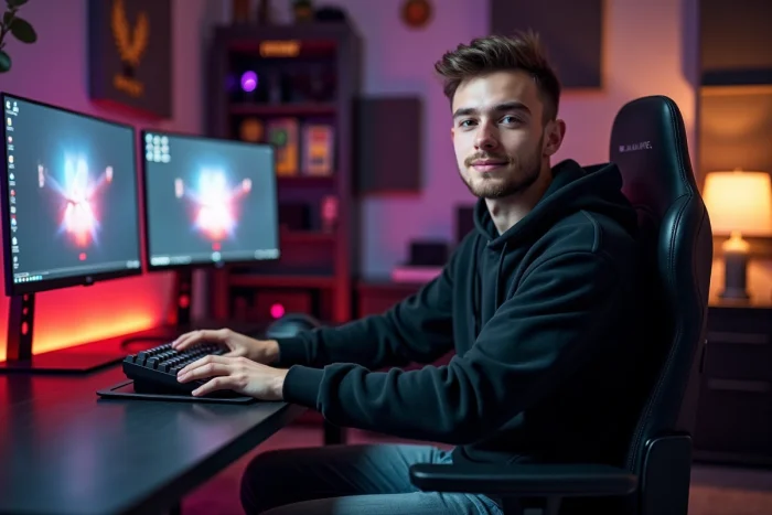 Jeune créateur de contenu français assis devant son bureau gaming avec double écran dans un studio aménagé
