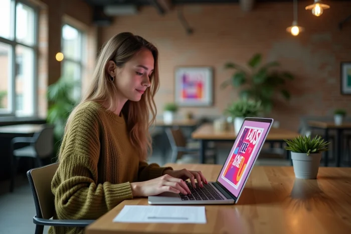 Jeune femme créant un flyer en ligne sur un ordinateur portable dans un espace de coworking moderne