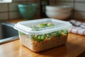 Barquette de taboulé industriel en cours de décongélation sur un plan de travail en bois dans une cuisine domestique