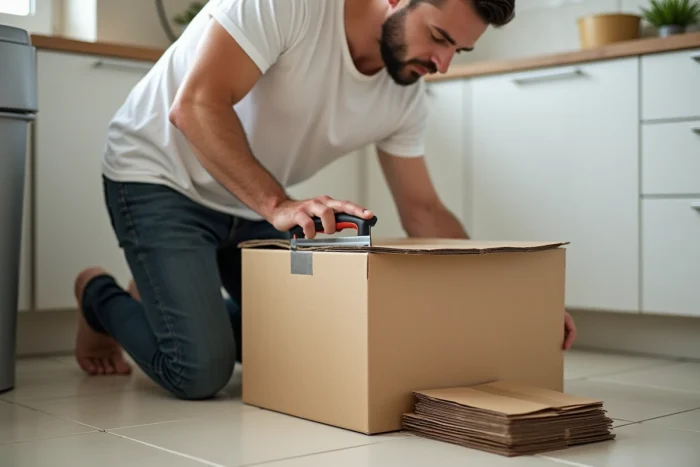 Homme découpant un carton Ikea au cutter pour la collecte du papier