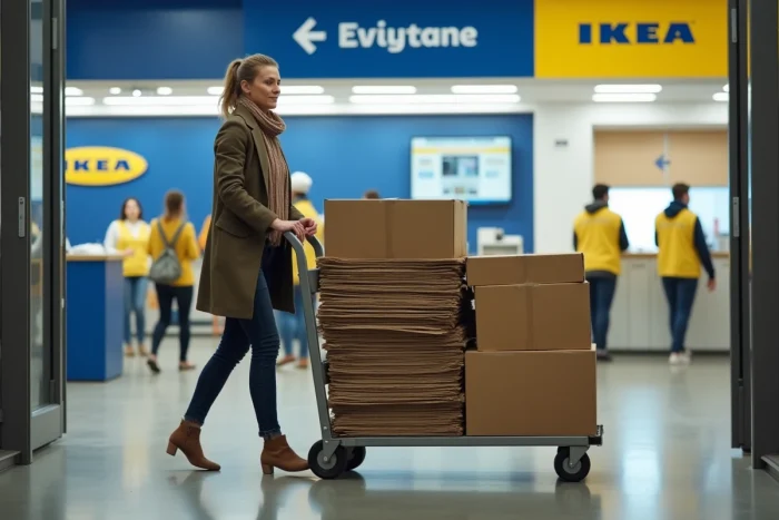 Femme rapportant des cartons Ikea aplatis au magasin Ikea pour dépôt