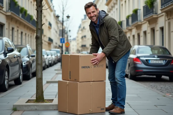 Homme déposant des cartons Ikea ficelés sur le trottoir le jour de collecte des encombrants
