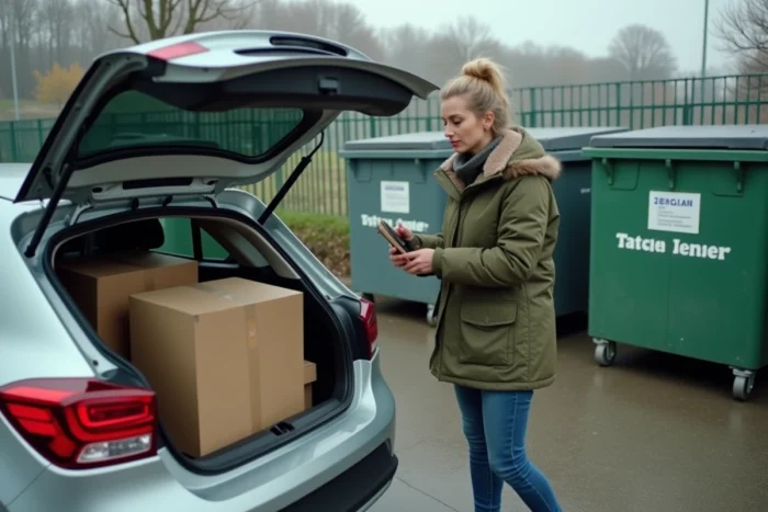Femme déposant des cartons Ikea aplatis à la déchetterie municipale