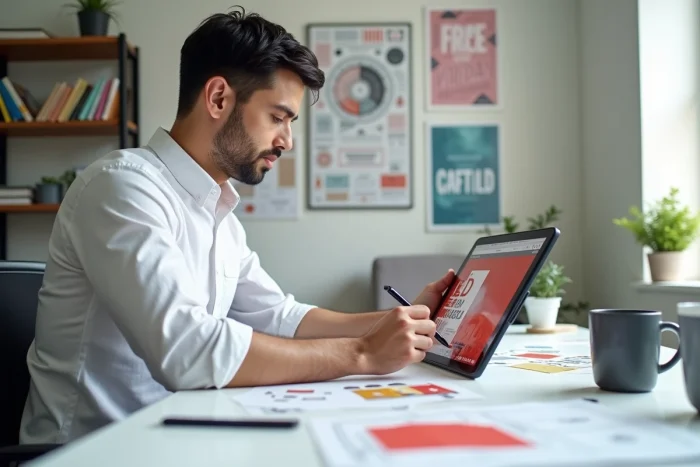 Homme travaillant sur la création d'un flyer gratuit avec une tablette graphique dans un bureau à domicile