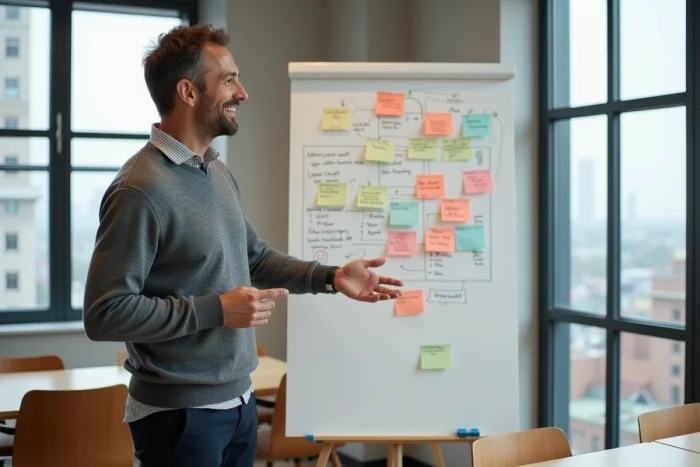 Développeur web présentant un projet de site sur mesure sur un tableau blanc en agence digitale
