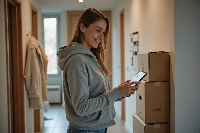 Femme photographiant des cartons Ikea aplatis pour un don sur Geev ou Gchange