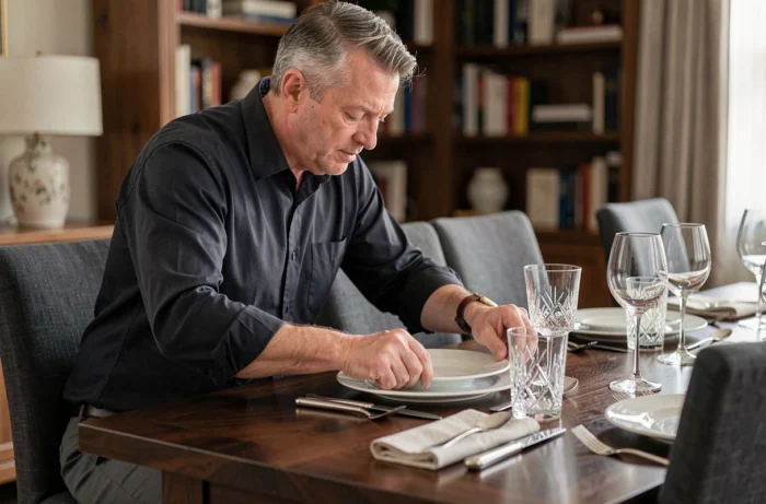 Homme dressant une table élégante avec vaisselle en porcelaine, couverts argentés et verres en cristal
