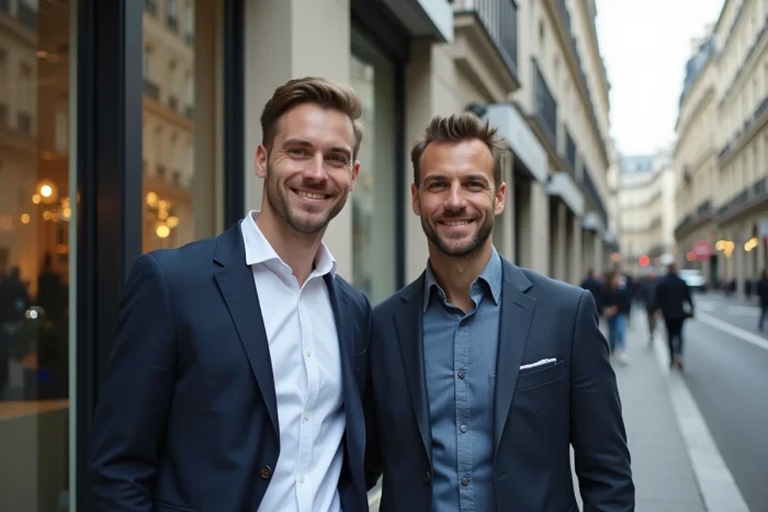 Deux personnalités médiatiques devant un bâtiment parisien moderne, symbolisant leur parcours professionnel commun dans les médias français