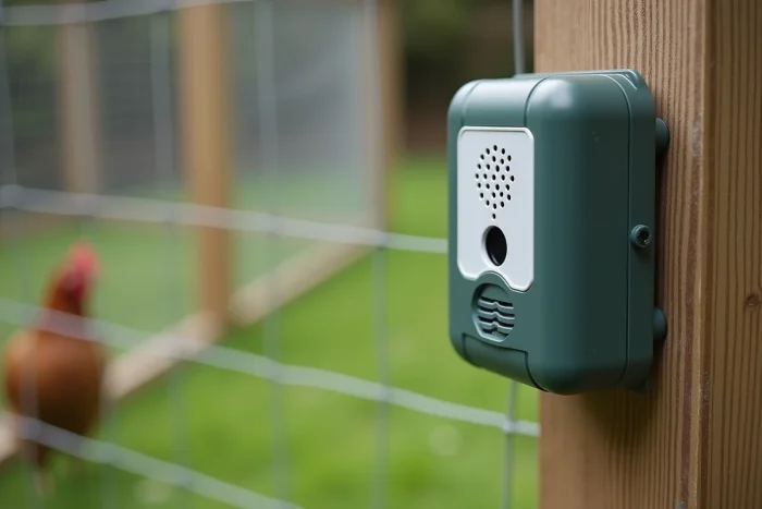 Effaroucheur sonore intermittent à ultrasons fixé sur un poteau en bois près d'un enclos à poules, avec capteur de mouvement et grille haut-parleur visibles