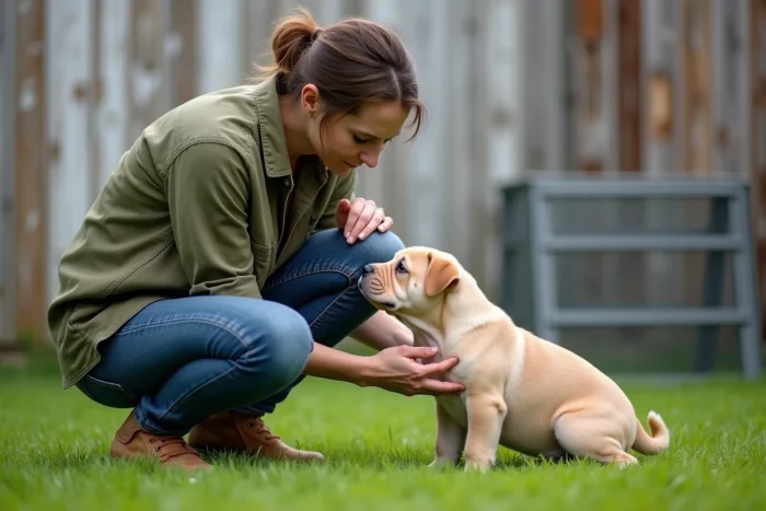 Éleveuse examinant un chiot Exotic Bully au pelage fauve dans un chenil extérieur propre et organisé