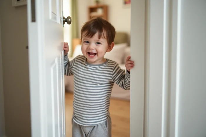 Enfant de 2 ans poussant une porte blanche entrouverte et regardant dans la pièce avec une expression joyeuse et curieuse