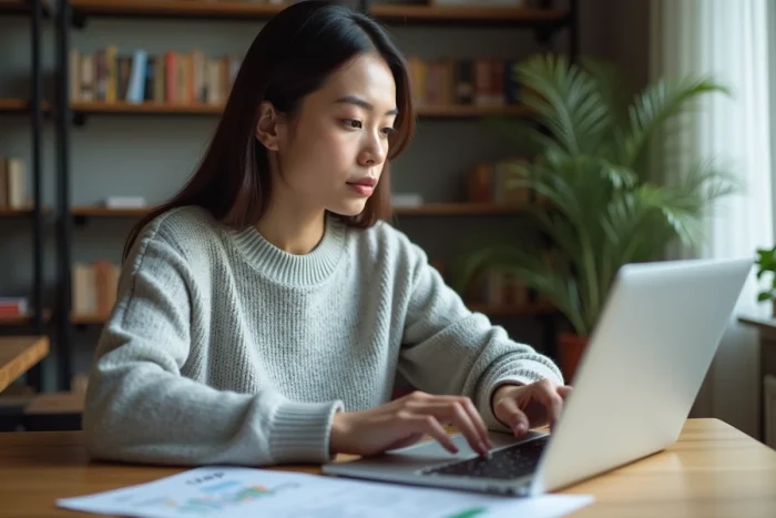 Femme s'entraînant au CAP RLA 2.2.0 sur ordinateur portable à domicile avec une fiche de référence clavier