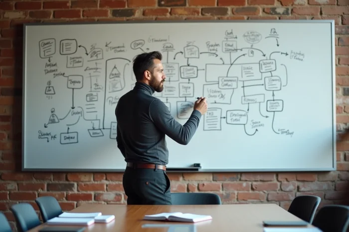 Entrepreneur en turtleneck charbon développant une stratégie business sur un tableau blanc dans une salle de réunion de startup, symbolisant la planification et les règles du succès