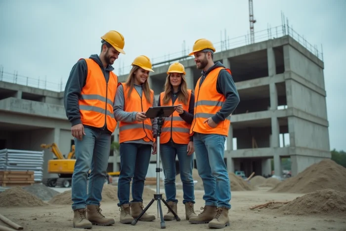Équipe de professionnels du bâtiment utilisant une tablette numérique pour comparer des plateformes de construction sur chantier