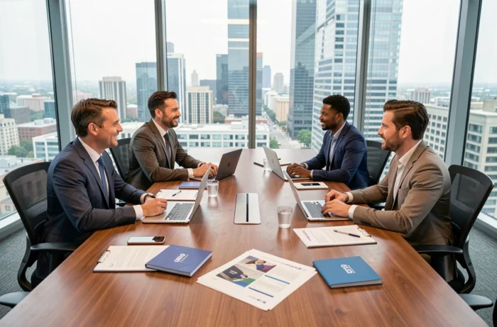 Équipe de professionnels en réunion de stratégie B2B autour d'une table de conférence avec des rapports et des ordinateurs portables