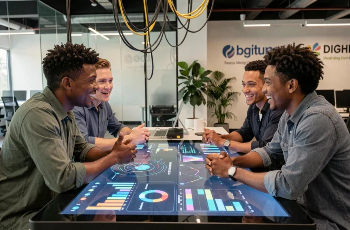 Groupe de jeunes professionnels collaborant autour d'une table tactile interactive affichant des visualisations de données IA dans un espace de coworking, innovations technologiques 2024