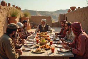 Grande famille multigénérationnelle réunie autour d'une table dans un village rural du Moyen-Orient, illustrant les traditions familiales et les liens communautaires étroits