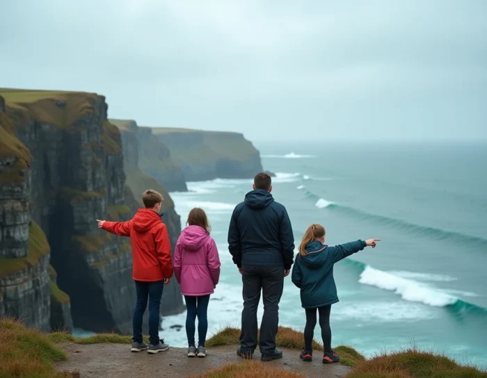 Famille en randonnée sur les falaises rocheuses de la côte bretonne surplombant l'océan Atlantique
