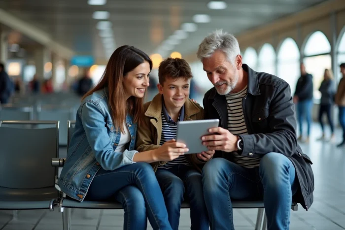 Famille consultant les informations de contact SNCF sur une tablette en salle d'attente de gare