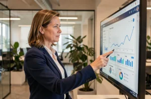 Femme d'affaires professionnelle analysant des tableaux de bord de performance B2B sur un écran dans un bureau moderne