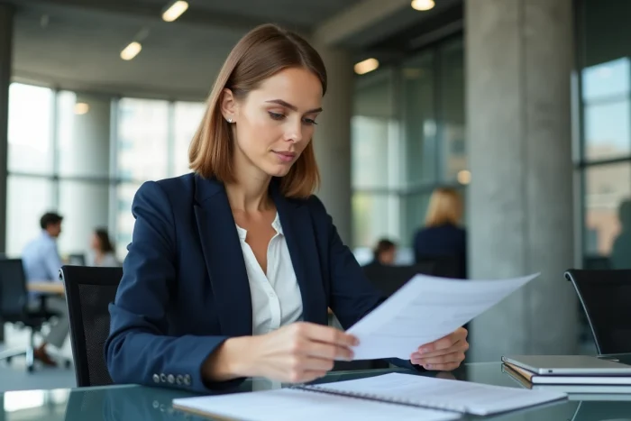 Femme d'affaires confiante en blazer marine révisant des documents dans un bureau moderne, illustrant les secrets du succès entrepreneurial selon La Règle du Je