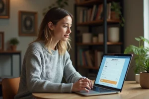 Femme utilisant Doctolib sur son ordinateur portable pour configurer une alerte de disponibilité de rendez-vous médical